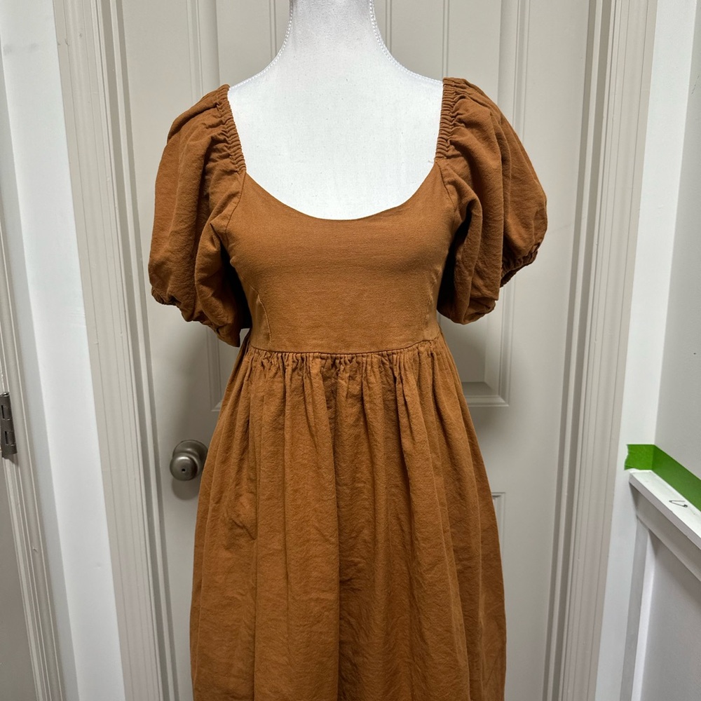 ELF 100% linen Brown Puff Sleeve Midi Dress - Picture 2 of 5